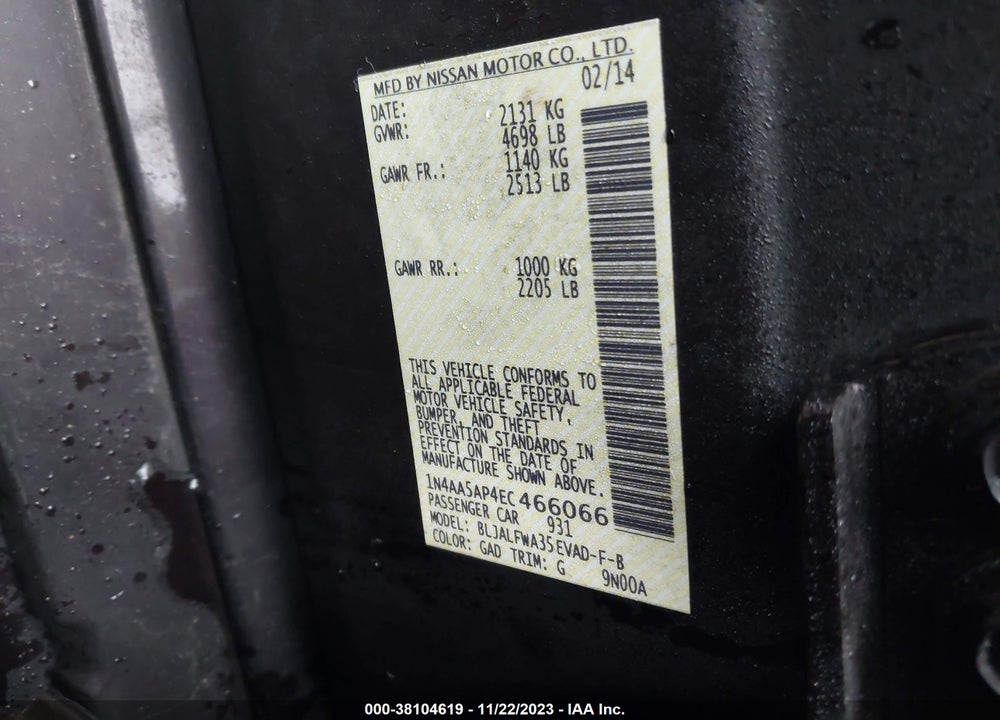2014 NISSAN MAXIMA 3.5 SV VIN: 1N4AA5AP4EC466066