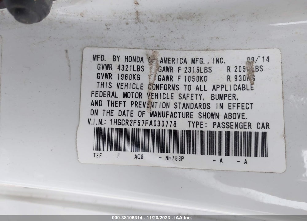 2015 HONDA ACCORD SPORT VIN: 1HGCR2F57FA030778