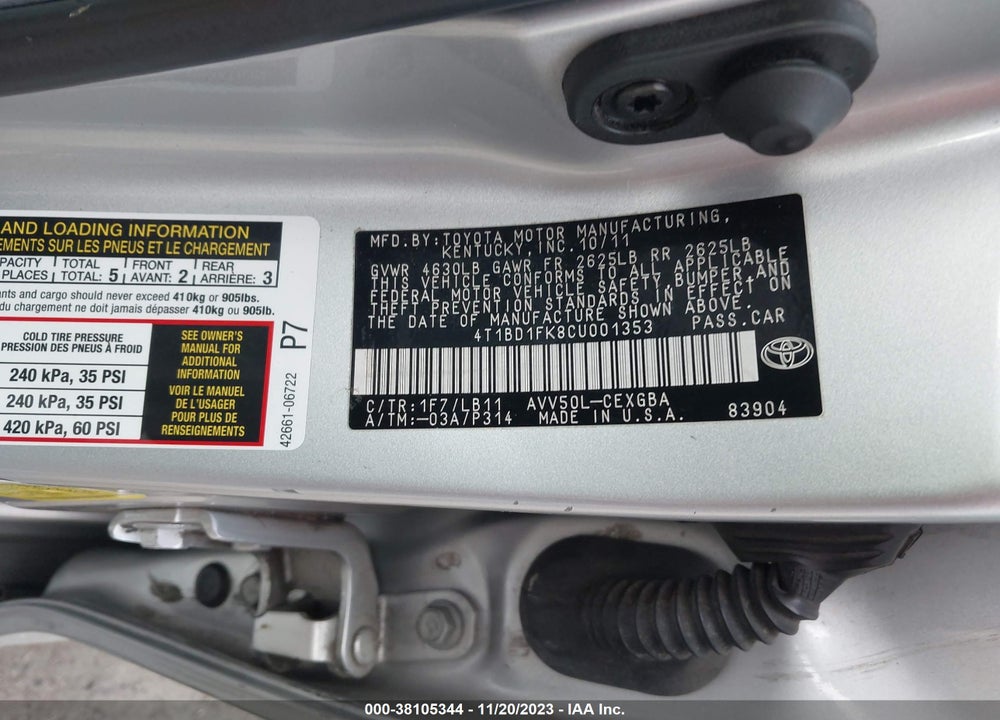 2012 TOYOTA CAMRY HYBRID XLE VIN: 4T1BD1FK8CU001353