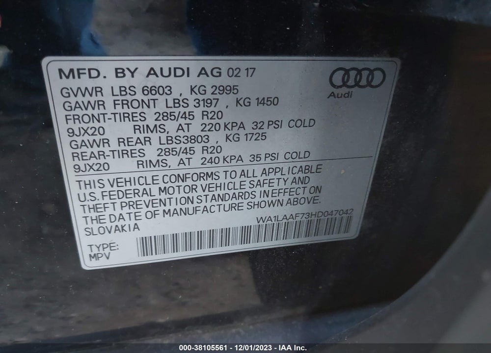 2017 AUDI Q7 3.0T PREMIUM VIN: WA1LAAF73HD047042