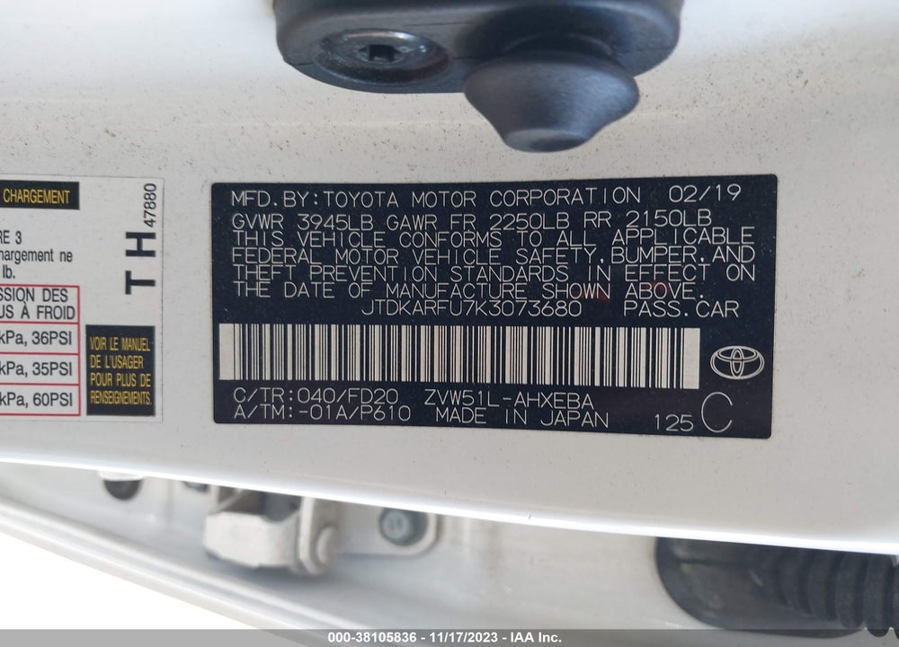 2019 TOYOTA PRIUS LE VIN: JTDKARFU7K3073680