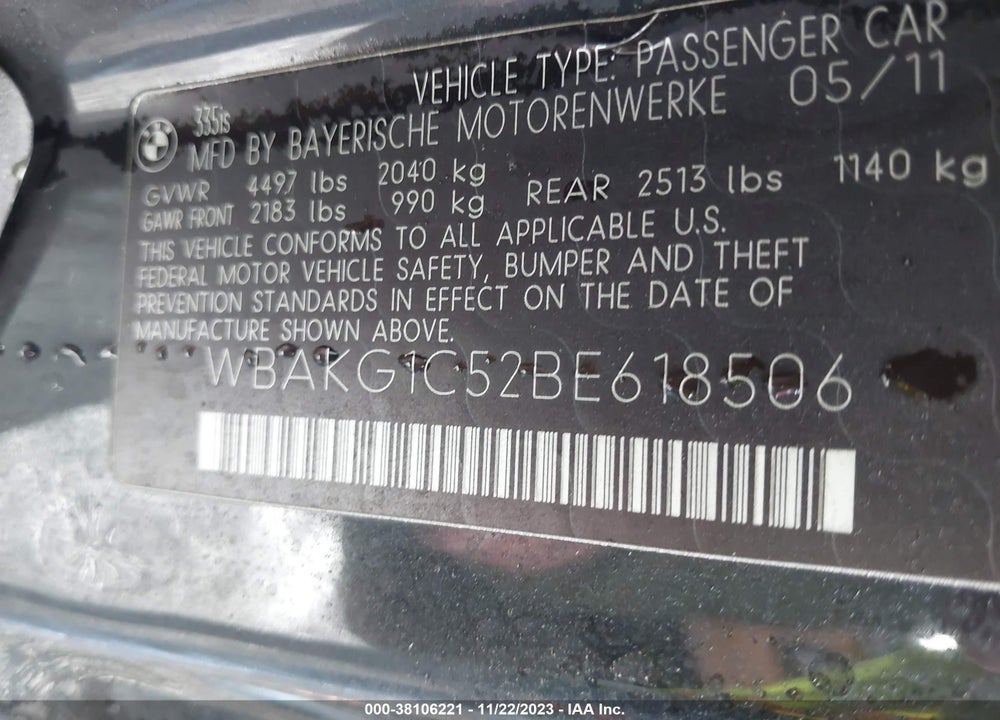 2011 BMW 335IS VIN: WBAKG1C52BE618506