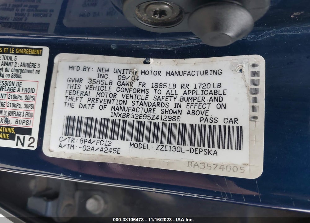2005 TOYOTA COROLLA S VIN: 1NXBR32E95Z412986