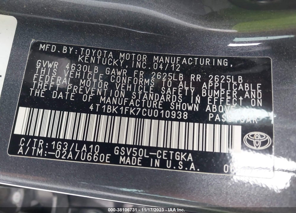 2012 TOYOTA CAMRY XLE V6 VIN: 4T1BK1FK7CU010938