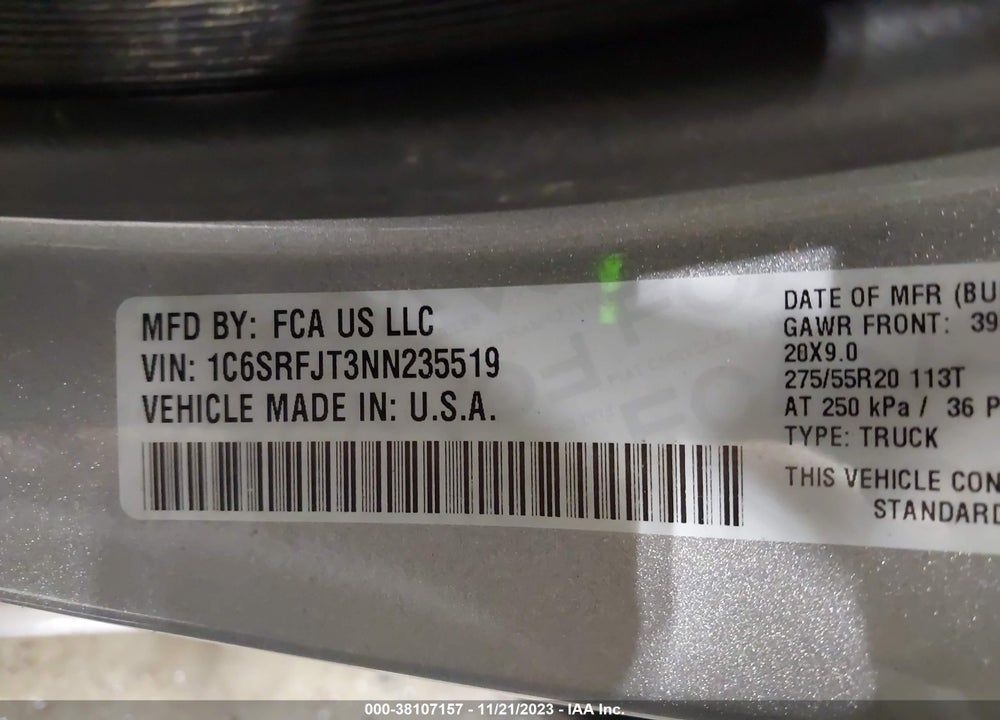 2022 RAM 1500 LAIE  4X4 5'7 BOX VIN: 1C6SRFJT3NN235519