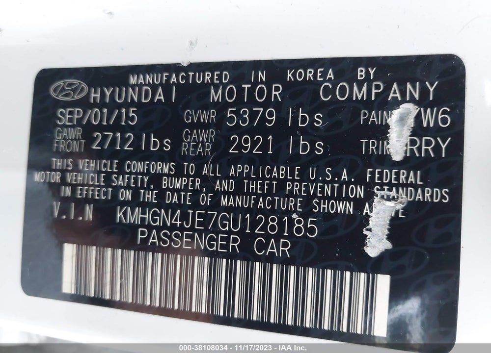 2016 HYUNDAI GENESIS 3.8 VIN: KMHGN4JE7GU128185