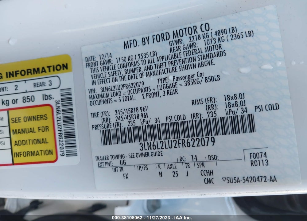 2015 LINCOLN MKZ HYBRID VIN: 3LN6L2LU2FR622079