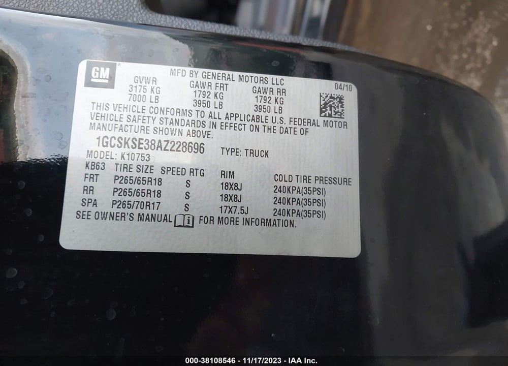 2010 CHEVROLET SILVERADO 1500 LT VIN: 1GCSKSE38AZ228696