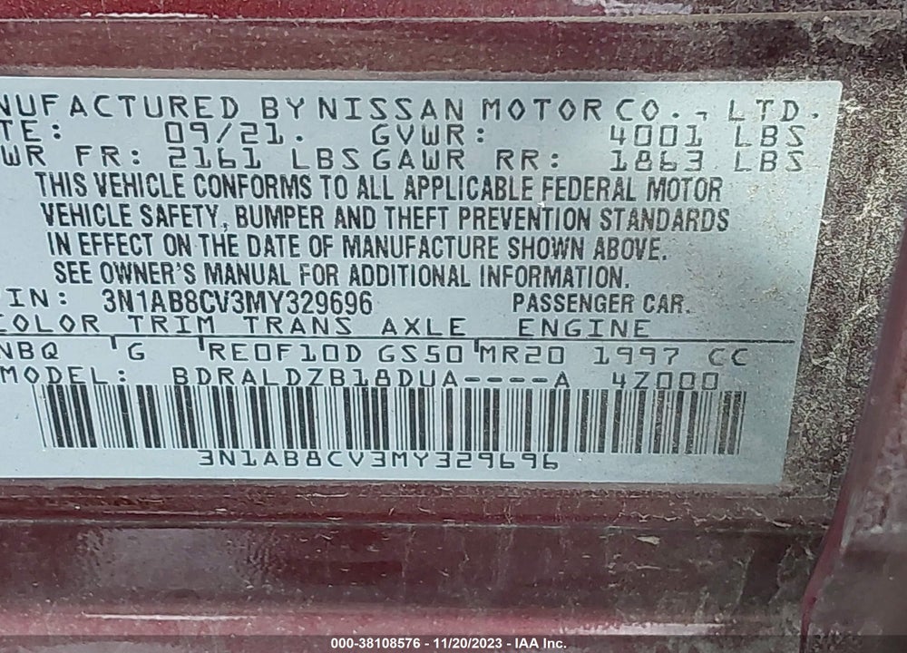2021 NISSAN SENTRA SV XTRONIC CVT VIN: 3N1AB8CV3MY329696