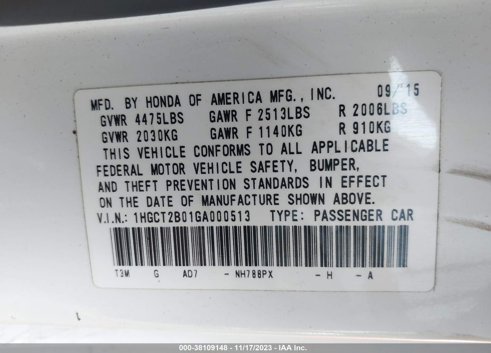 2016 HONDA ACCORD TOURING VIN: 1HGCT2B01GA000513