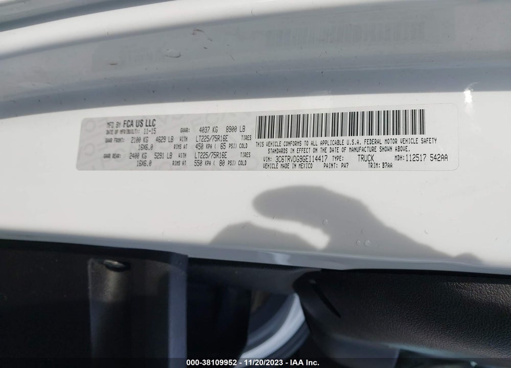 2016 RAM PROMASTER 2500 HIGH ROOF VIN: 3C6TRVDG9GE114417