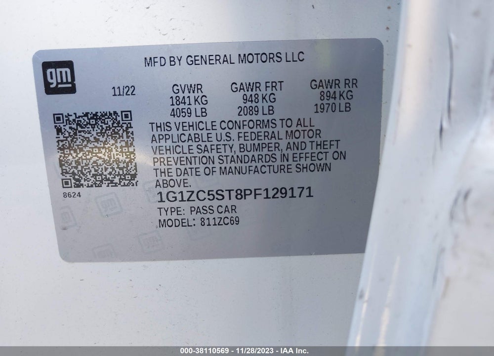 2023 CHEVROLET MALIBU FWD 1FL VIN: 1G1ZC5ST8PF129171
