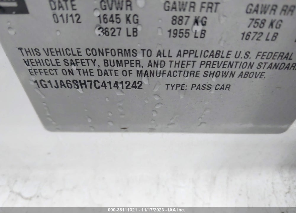2012 CHEVROLET SONIC 2LS VIN: 1G1JA6SH7C4141242