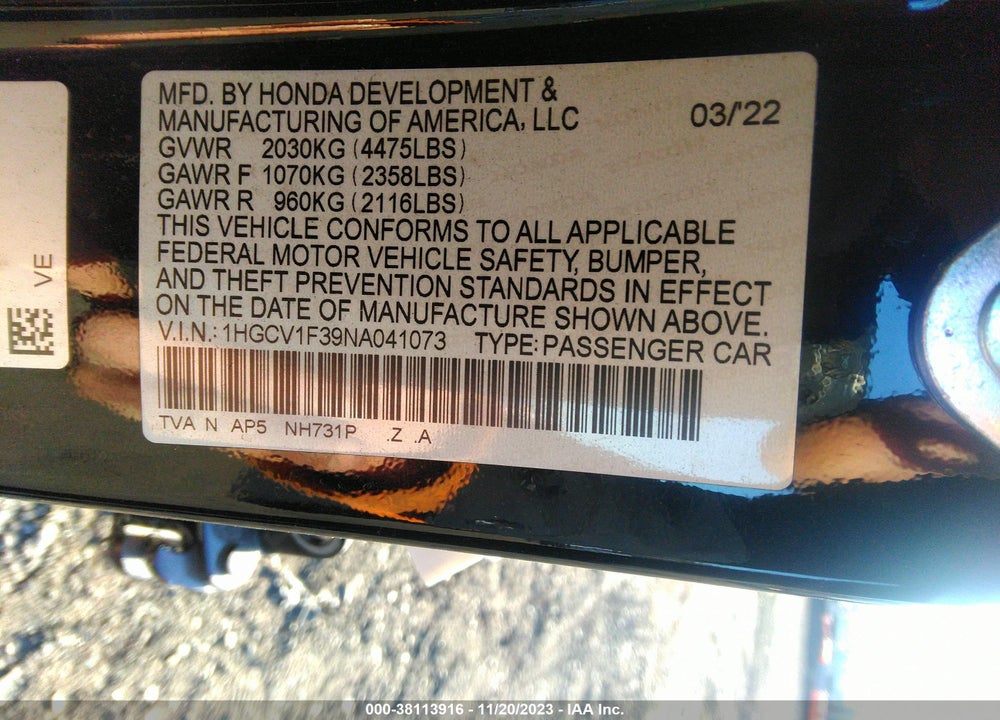 2022 HONDA ACCORD SPORT VIN: 1HGCV1F39NA041073