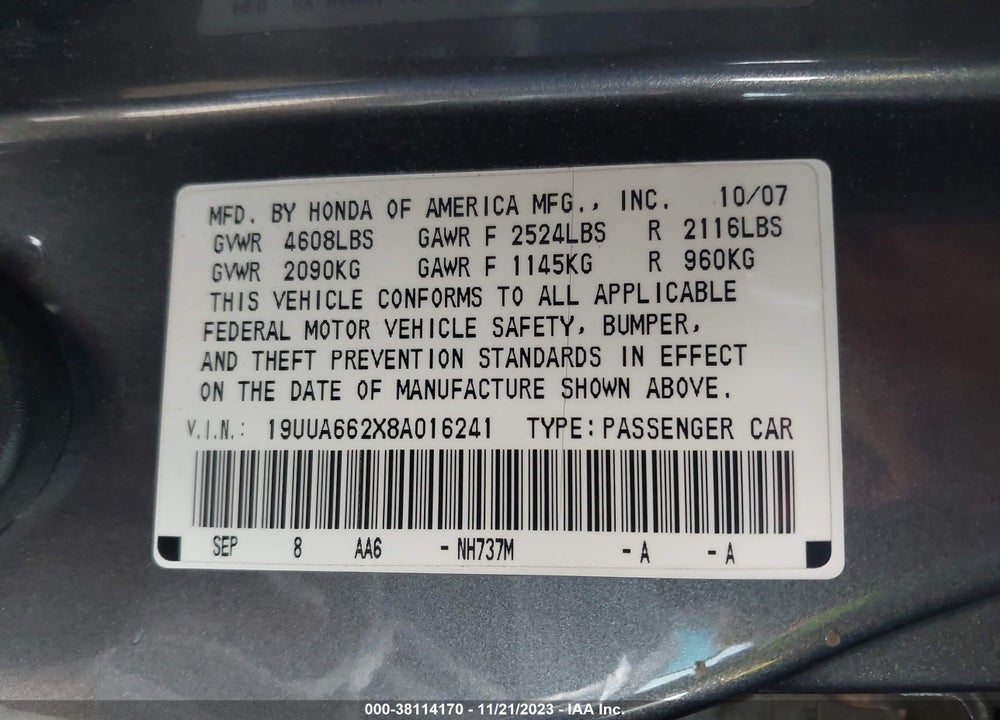 2008 ACURA TL 3.2 VIN: 19UUA662X8A016241