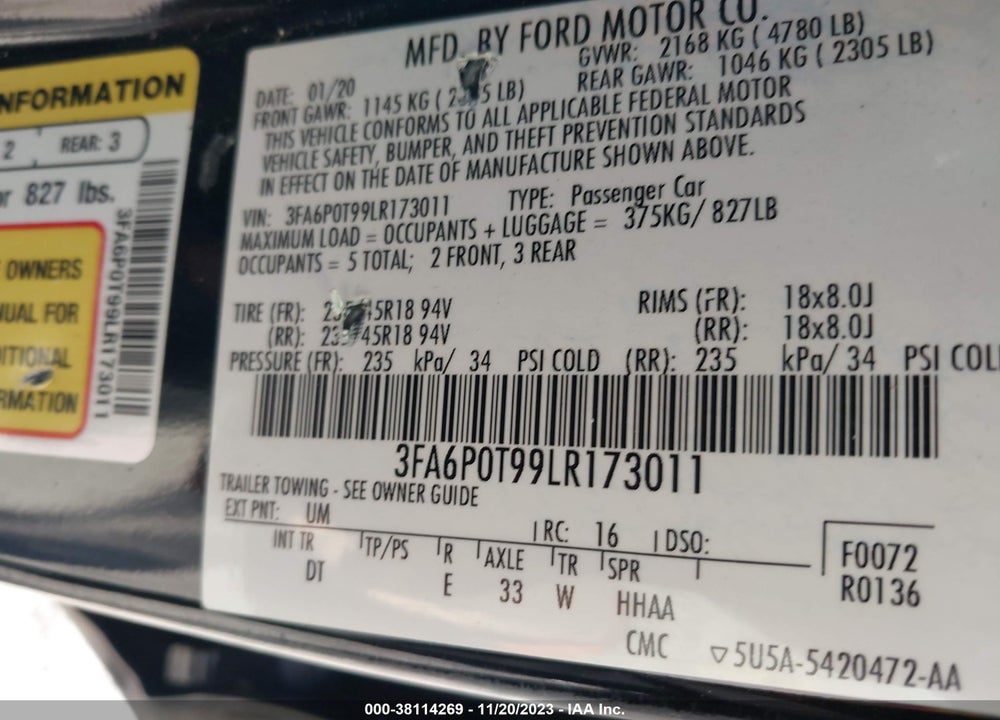 2020 FORD FUSION SE VIN: 3FA6P0T99LR173011
