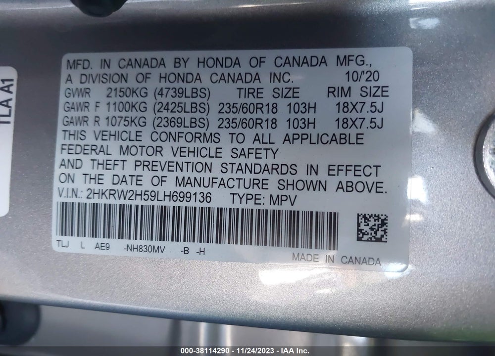 2020 HONDA CR-V AWD EX VIN: 2HKRW2H59LH699136