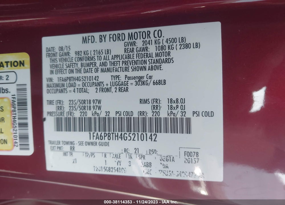 2016 FORD MUSTANG ECOBOOST VIN: 1FA6P8TH4G5210142