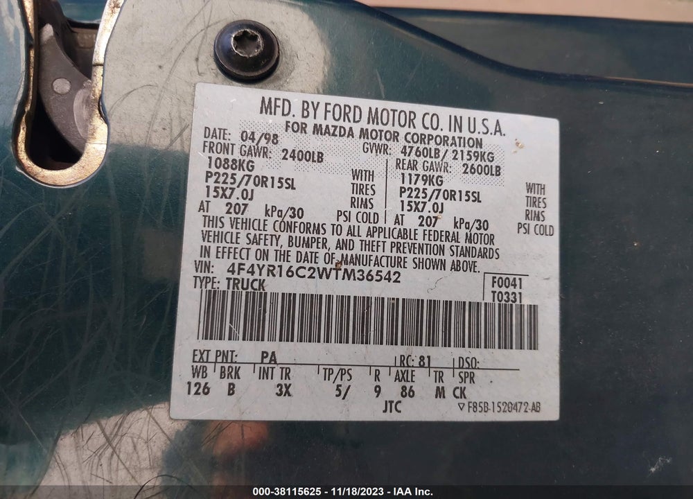 1998 MAZDA B2500 SE VIN: 4F4YR16C2WTM36542