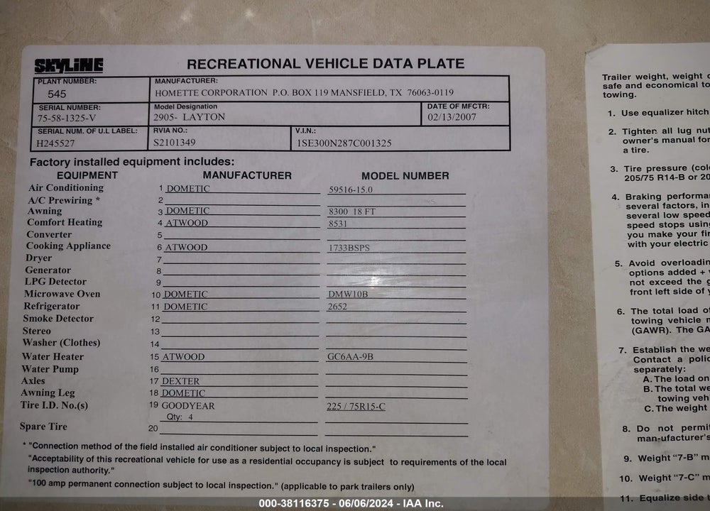 2007 FIVE STAR LAYTON VIN: 1SE300N287C001325