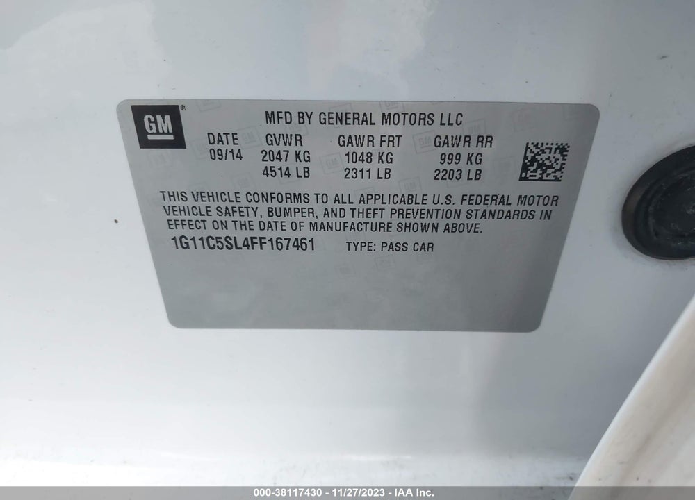 2015 CHEVROLET MALIBU 1LT VIN: 1G11C5SL4FF167461