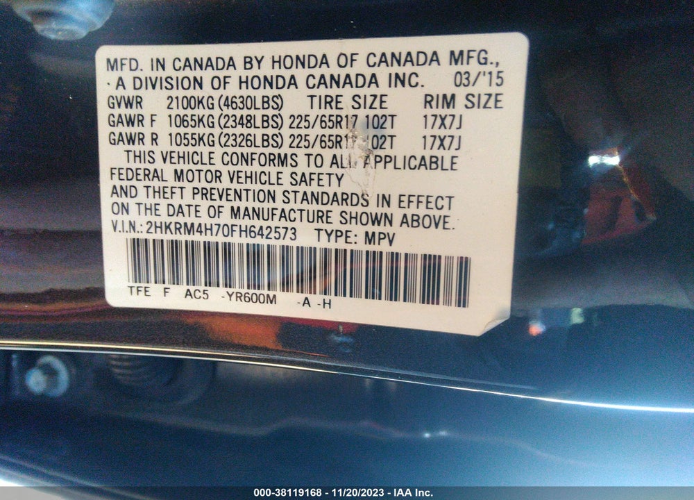 2015 HONDA CR-V EX-L VIN: 2HKRM4H70FH642573