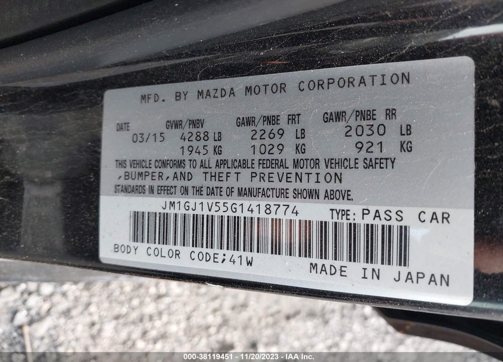 2016 MAZDA 6 I TOURING VIN: JM1GJ1V55G1418774