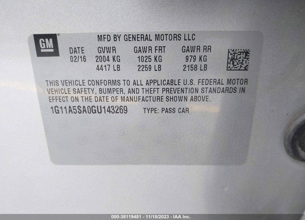 2016 CHEVROLET MALIBU LIMITED 1FL VIN: 1G11A5SA0GU143269
