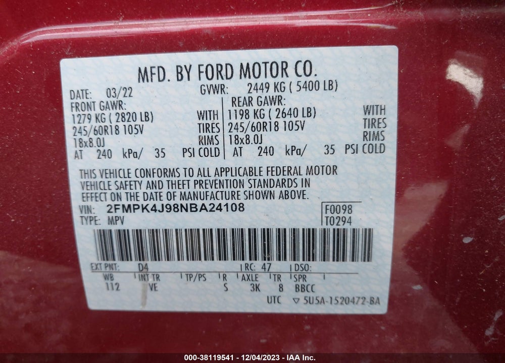 2022 FORD EDGE SEL VIN: 2FMPK4J98NBA24108
