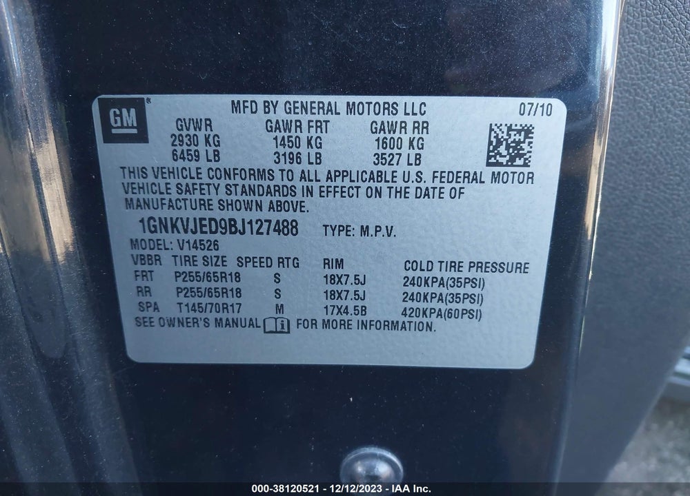 2011 CHEVROLET TRAVERSE VIN: 1GNKVJED9BJ127488