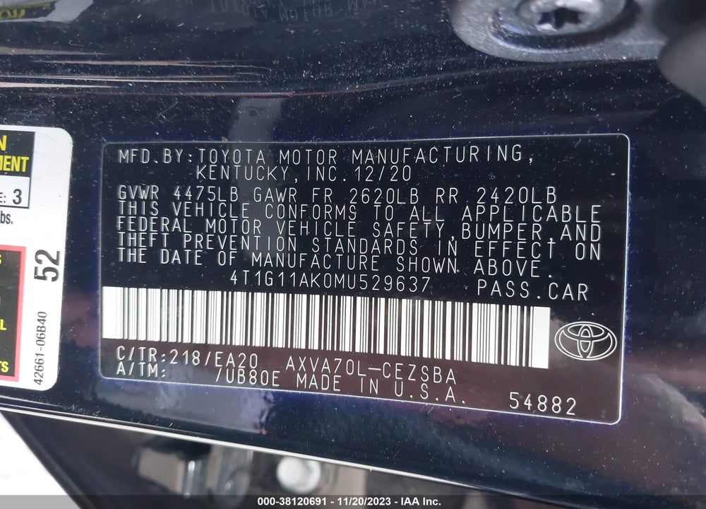 2021 TOYOTA CAMRY SE VIN: 4T1G11AK0MU529637