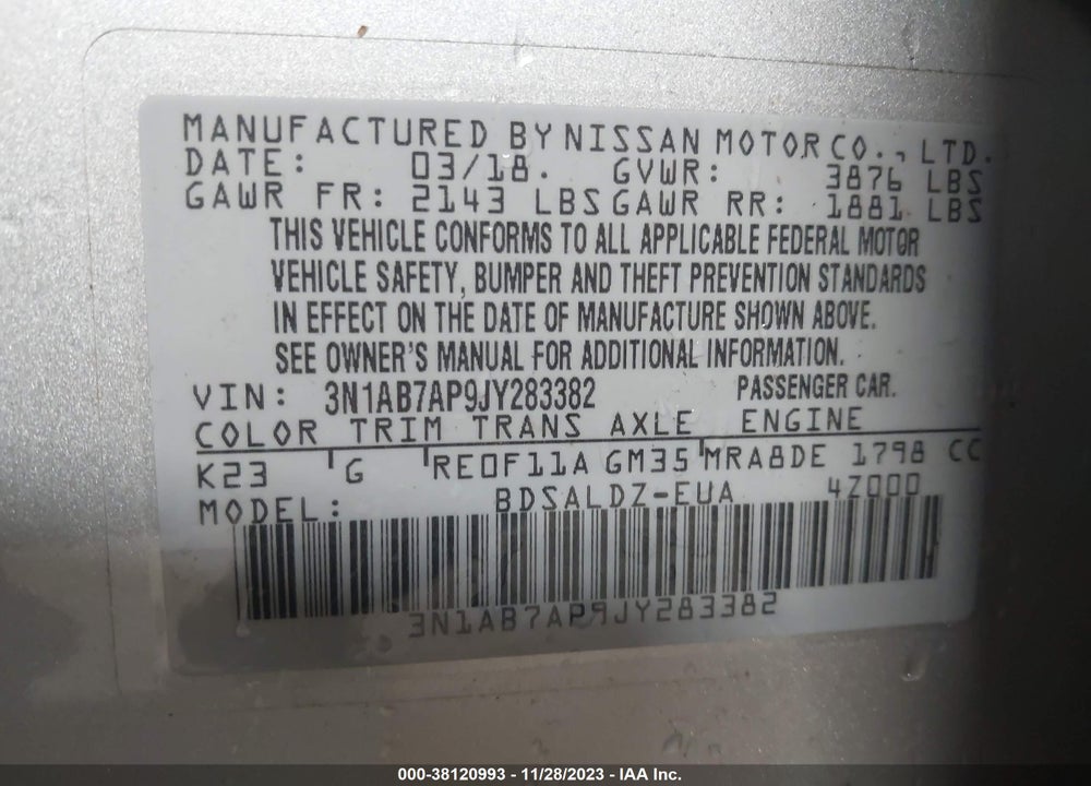 2018 NISSAN SENTRA SV VIN: 3N1AB7AP9JY283382