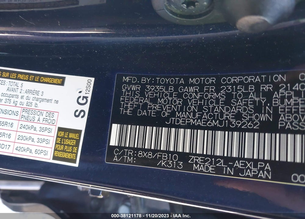 2021 TOYOTA COROLLA LE VIN: JTDEPMAE6MJ139262