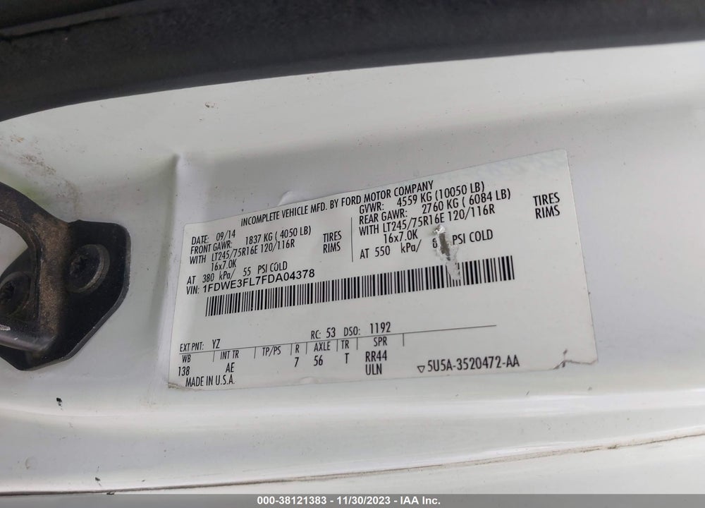 2015 FORD E-350 CUTAWAY VIN: 1FDWE3FL7FDA04378