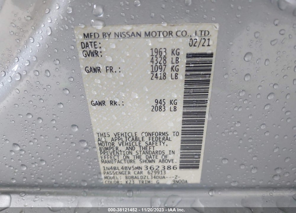 2021 NISSAN ALTIMA S FWD VIN: 1N4BL4BV5MN362386