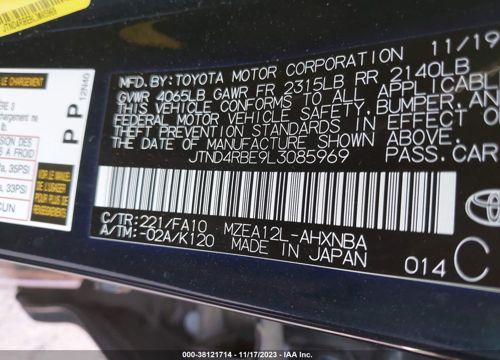 2020 TOYOTA COROLLA HATCHBACK VIN: JTND4RBE9L3085969