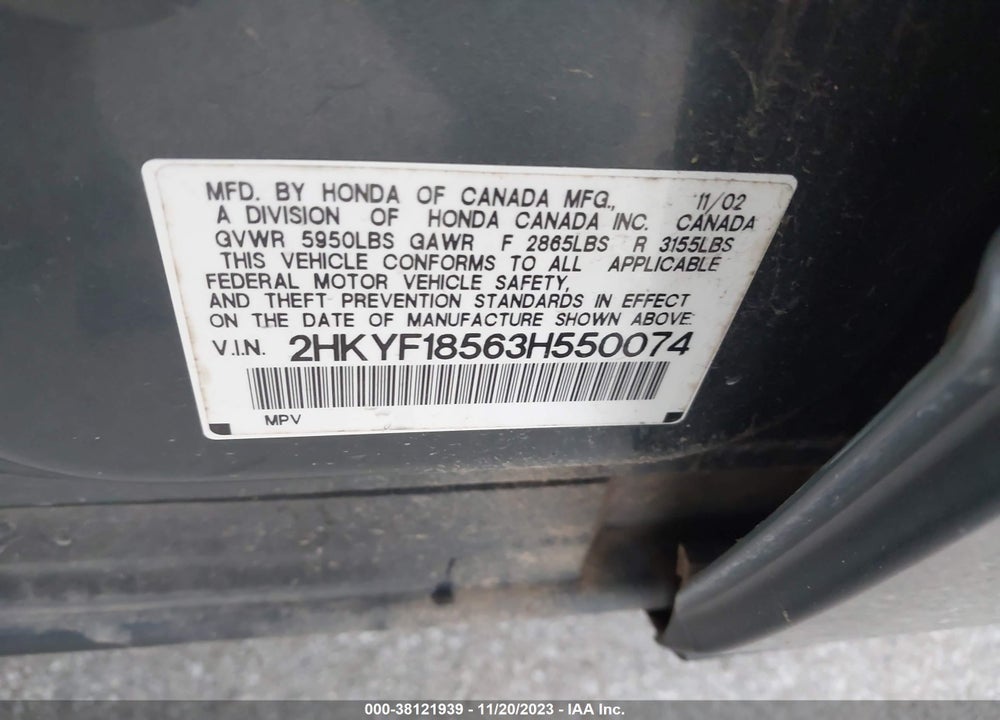 2003 HONDA PILOT EX-L VIN: 2HKYF18563H550074