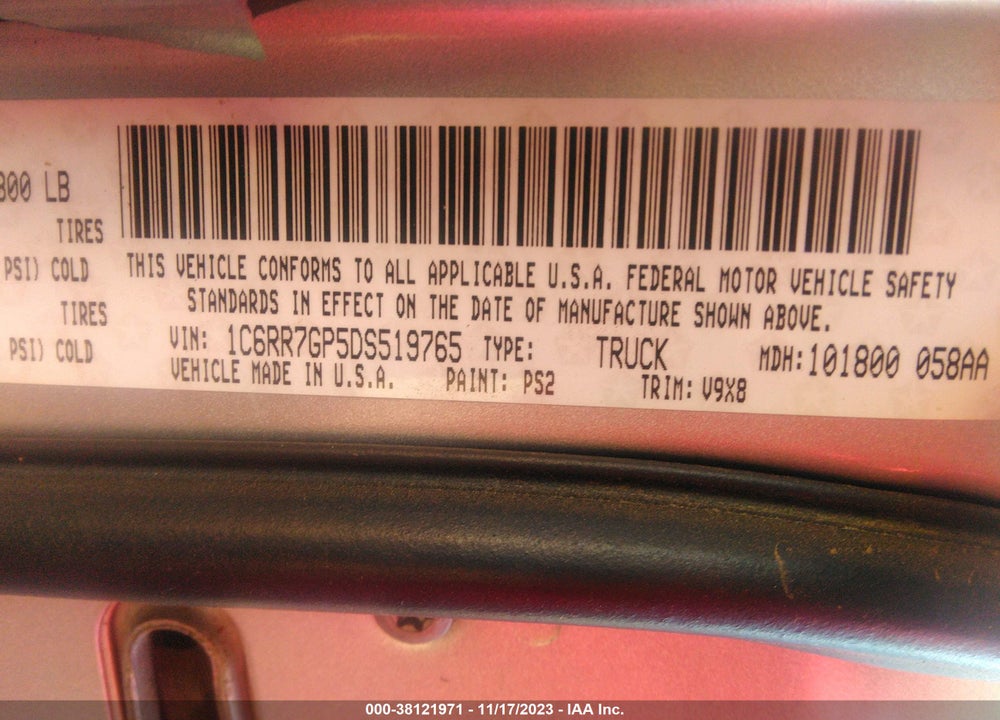 2013 RAM 1500 VIN: 1C6RR7GP5DS519765