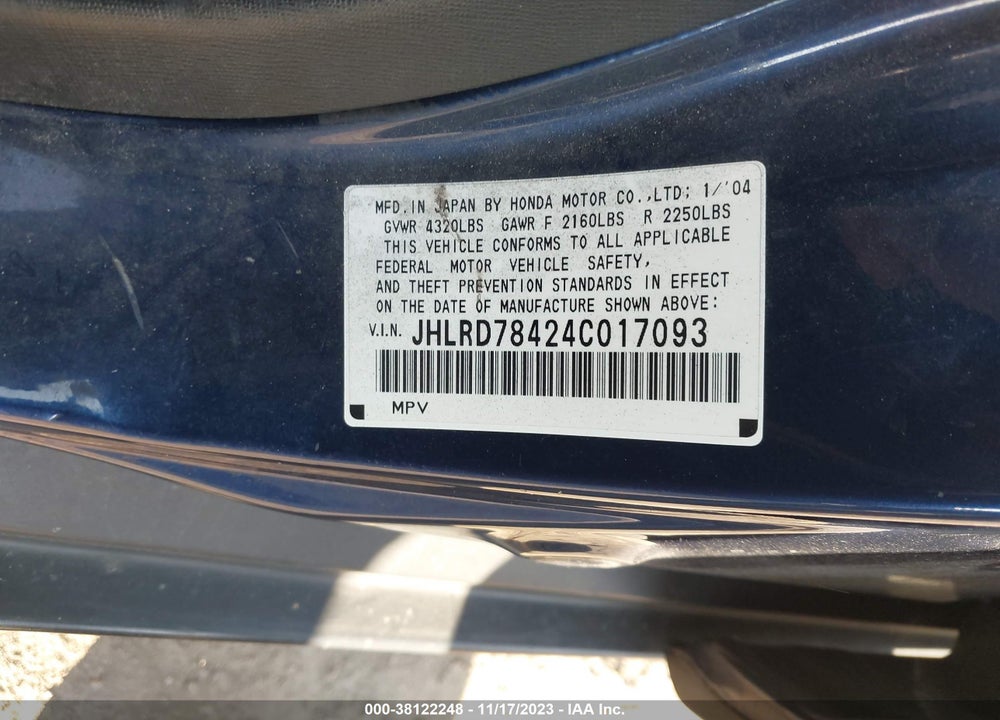 2004 HONDA CR-V LX VIN: JHLRD78424C017093