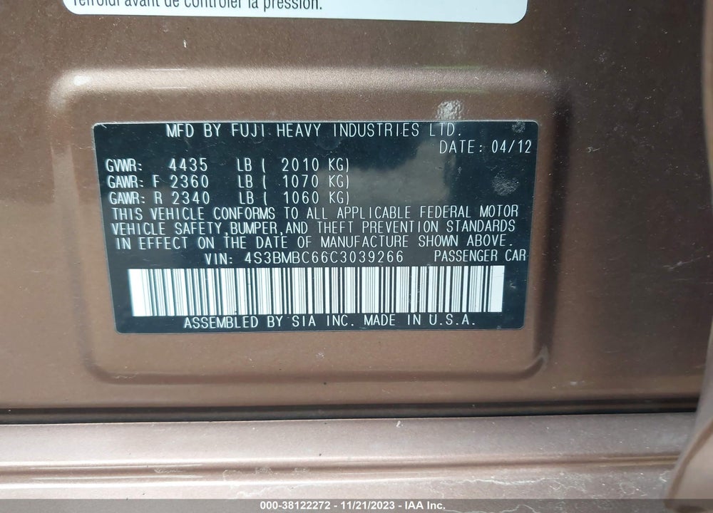 2012 SUBARU LEGACY 2.5I PREMIUM VIN: 4S3BMBC66C3039266