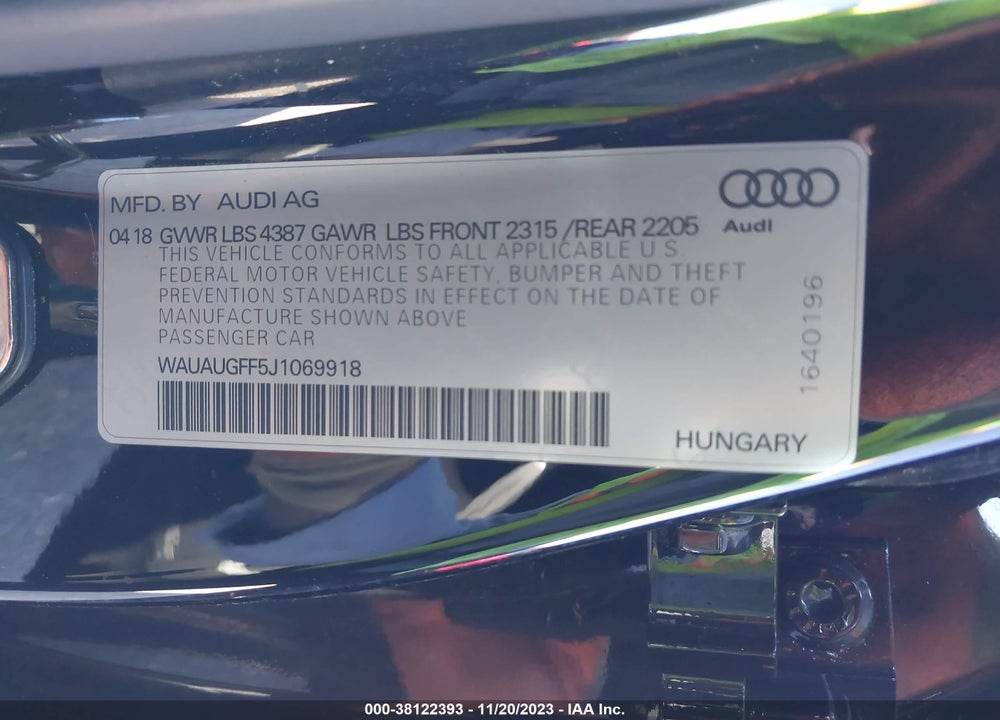 2018 AUDI A3 2.0T TECH PREMIUM/2.0T PREMIUM VIN: WAUAUGFF5J1069918