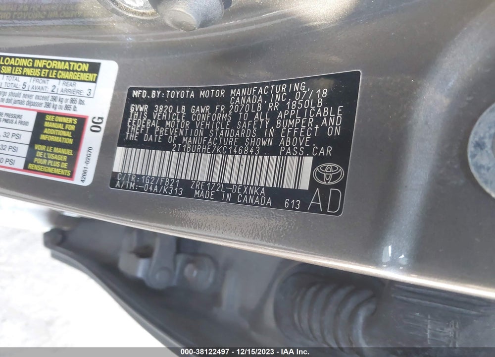 2019 TOYOTA COROLLA LE VIN: 2T1BURHE7KC146843