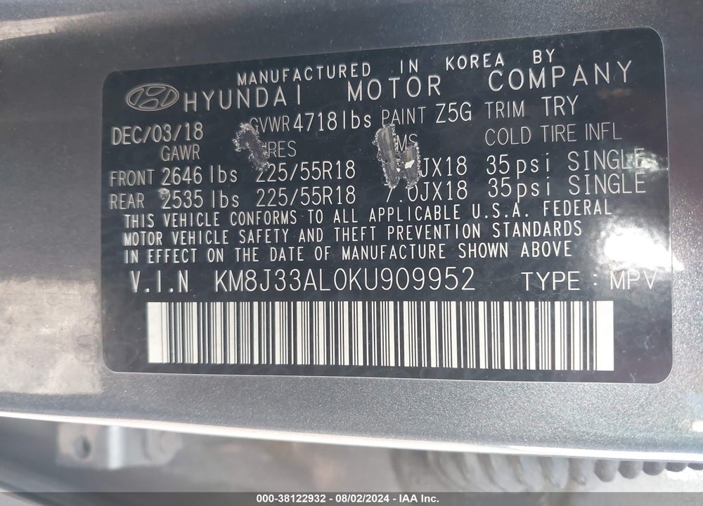 2019 HYUNDAI TUCSON LIMITED VIN: KM8J33AL0KU909952