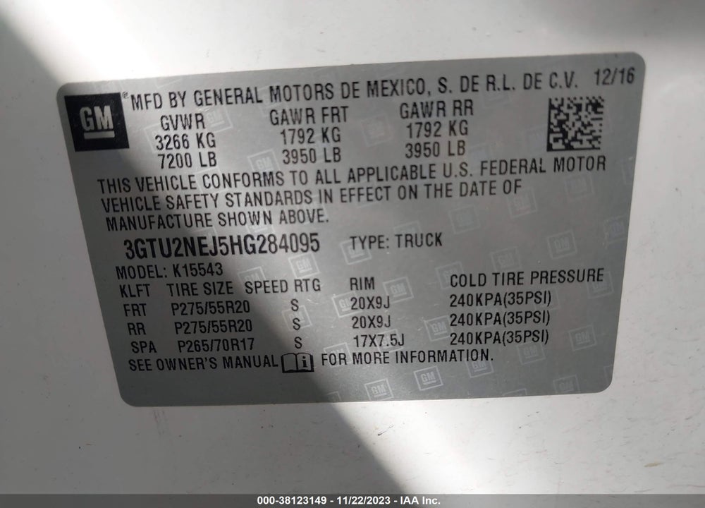 2017 GMC SIERRA 1500 SLT VIN: 3GTU2NEJ5HG284095