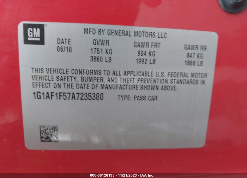 2010 CHEVROLET COBALT LT VIN: 1G1AF1F57A7235380