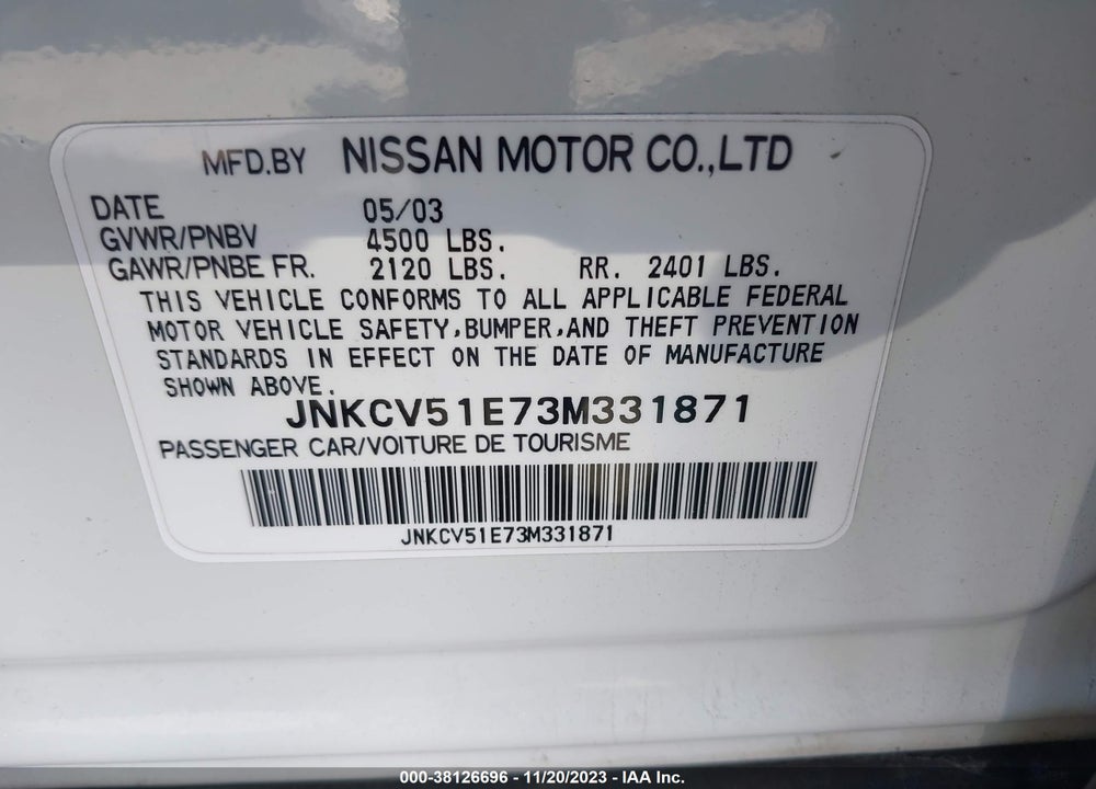 2003 INFINITI G35 W/LEATHER VIN: JNKCV51E73M331871