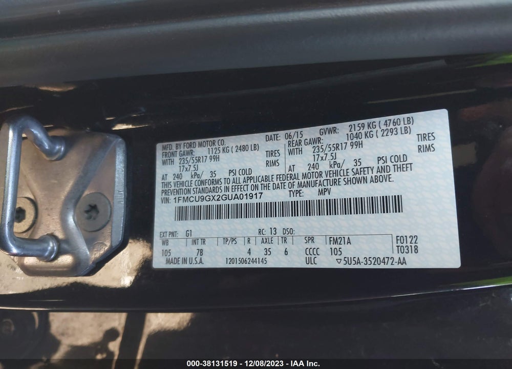 2016 FORD ESCAPE SE VIN: 1FMCU9GX2GUA01917