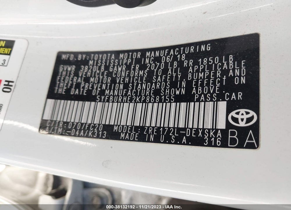 2019 TOYOTA COROLLA SE VIN: 5YFBURHE2KP868155