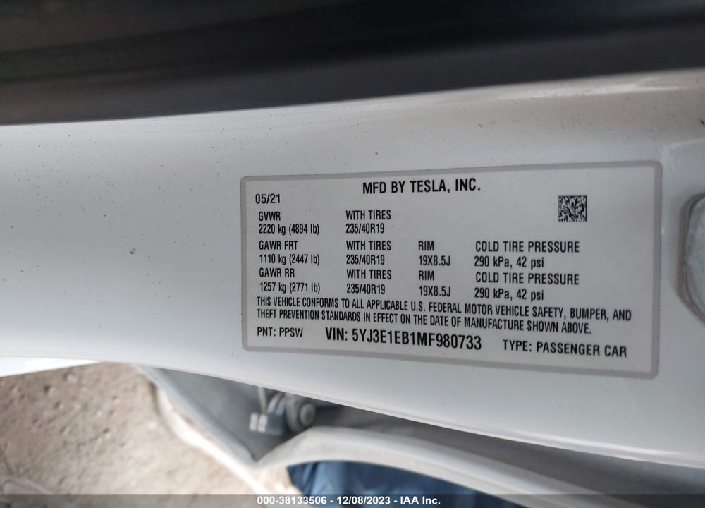 2021 TESLA MODEL 3 LONG RANGE DUAL MOTOR ALL-WHEEL DRIVE VIN: 5YJ3E1EB1MF980733