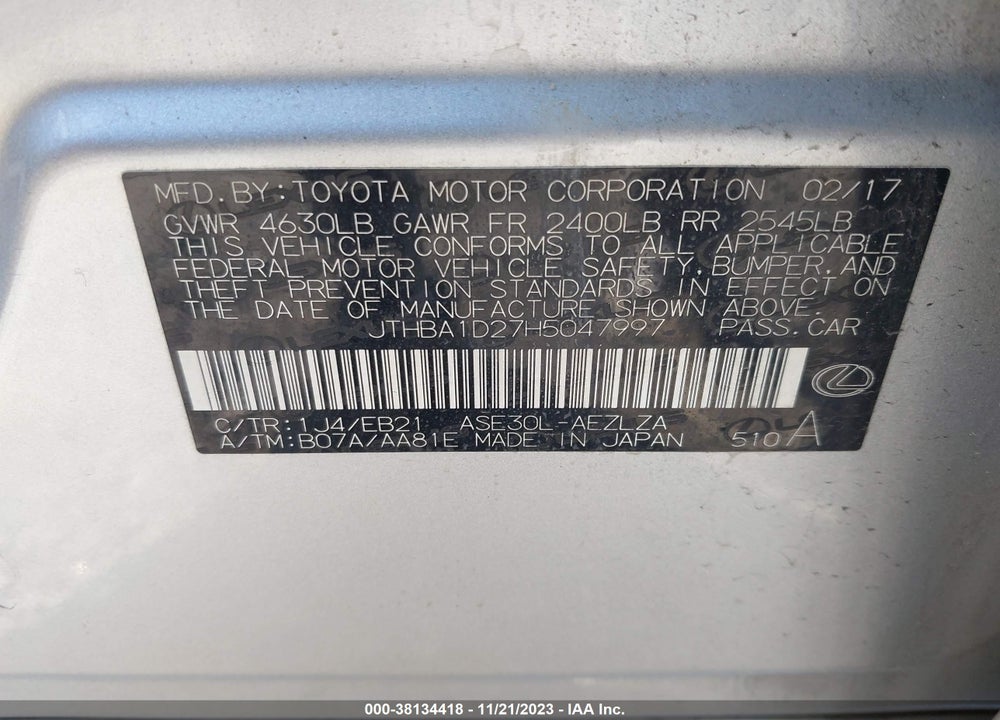 2017 LEXUS IS 200T VIN: JTHBA1D27H5047997